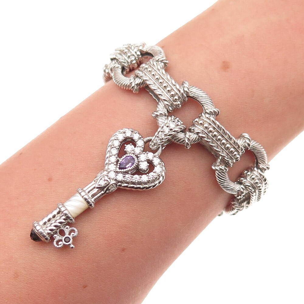 Judith Ripka 925 Sterling Silver Real Multi-Gem & C Z Heart Key Bracelet 7.5"